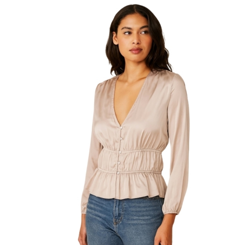 NWT Mixed Threads Satin‎ Beige V-neck Peasant Blouse Women's Large